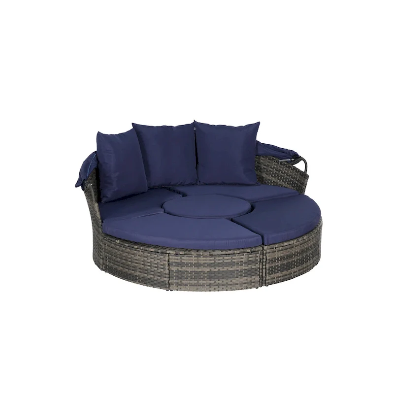 5-Piece Round Daybed Sunbed with Canopy & Removable Cushions