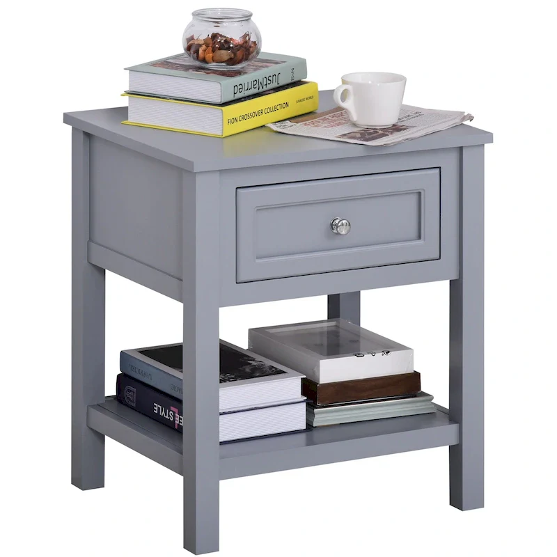 HOMCOM Accent End Table Nightstand with Grey Tabletop, Storage Drawer, and Bottom Shelf
