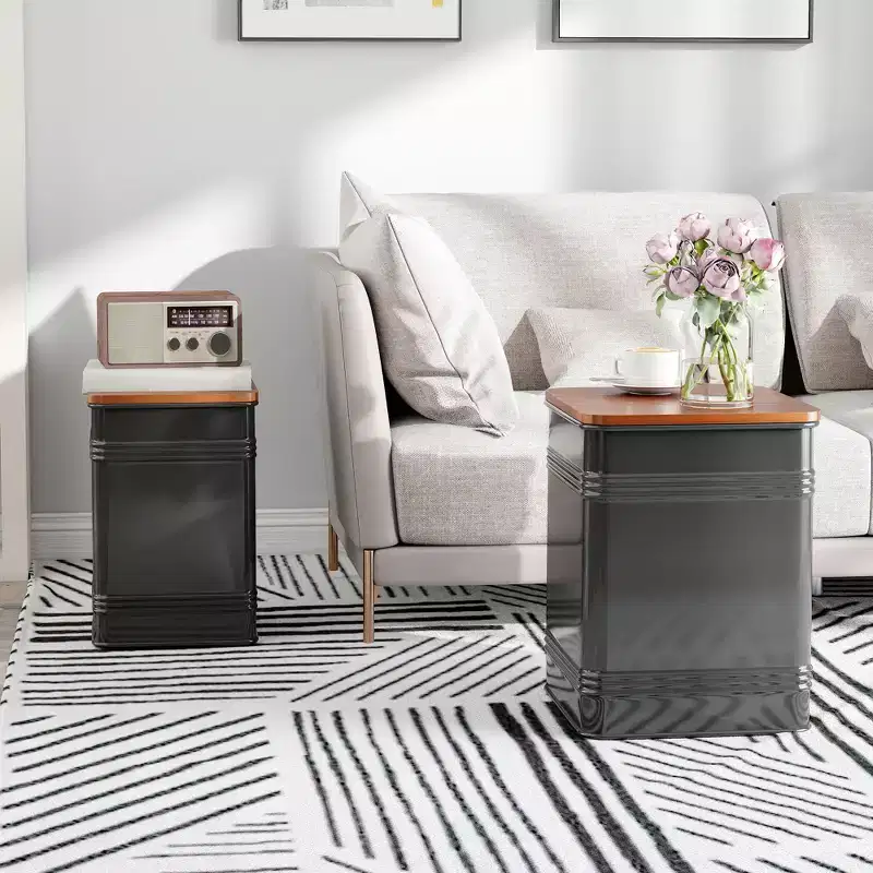HOMCOM Ottoman with Storage Set of 2, Industrial Nesting Ottoman Stool with Removable Lid and Metal Frame, Side Table for Living Room, Black