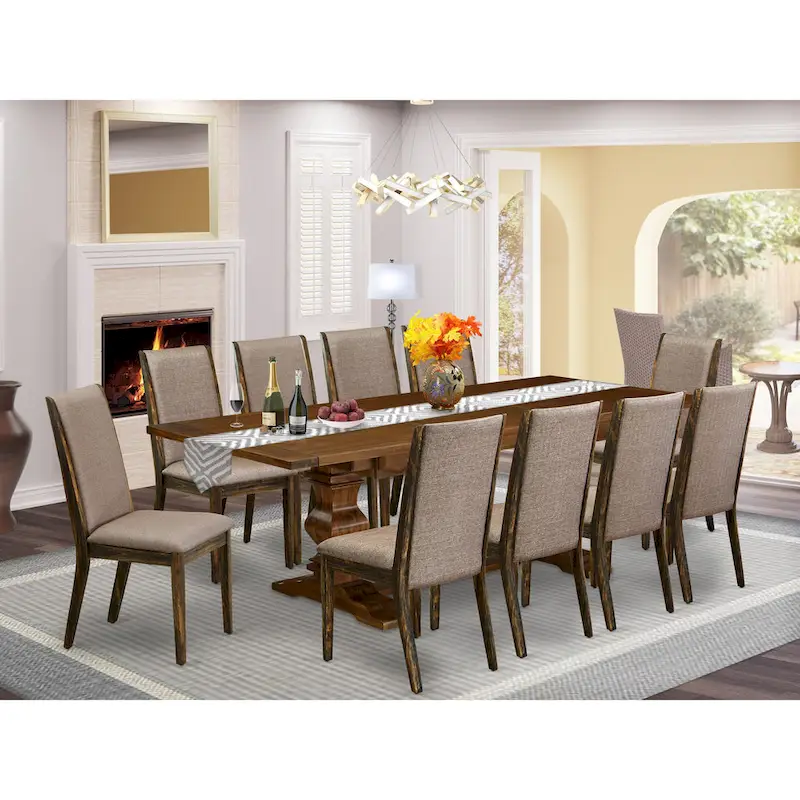 East West Furniture 11 Piece Dining Table Set- a Wooden Table and 10 Linen Fabric Upholstered Chairs(Finish Options)