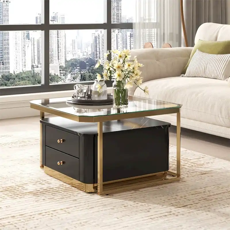 2 Pieces Nesting Coffee Table w/ Drawers & Electroplated Gold Legs