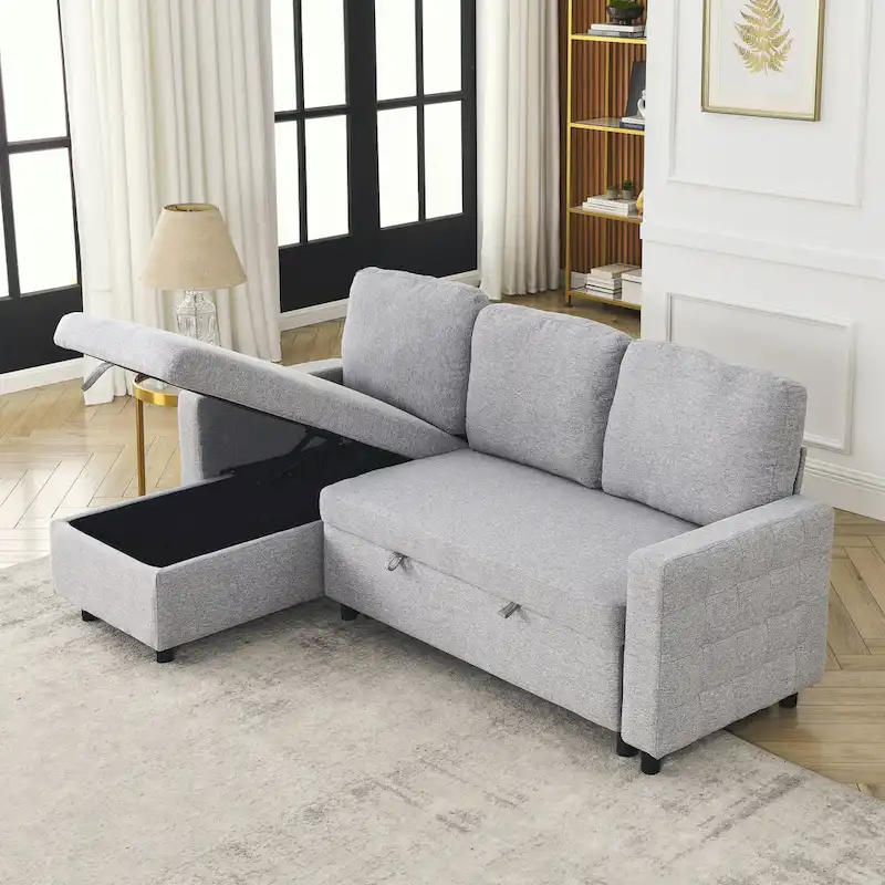 FX 78.8   Reversible Sleeper Combo Sofa with Pullout Bed, Comfortable Linen L-Shaped Combo Sofa Sofa Bed, Living Room Furniture S