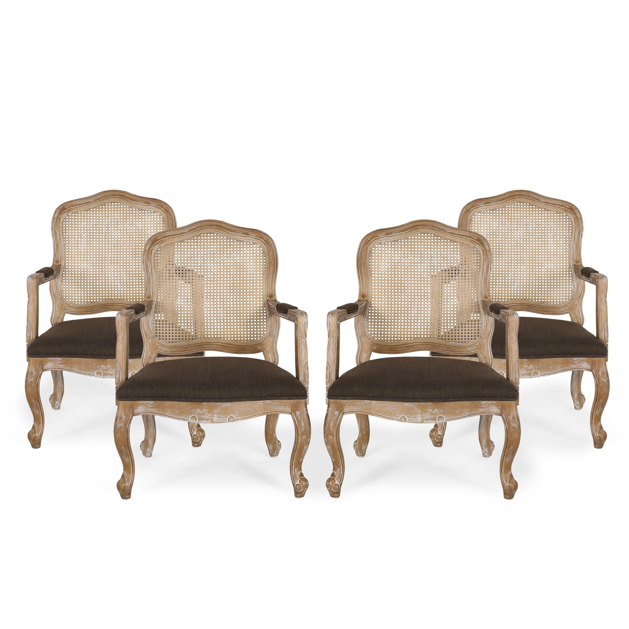 French Country Wood and Cane Upholstered Dining Armchair - NH542513