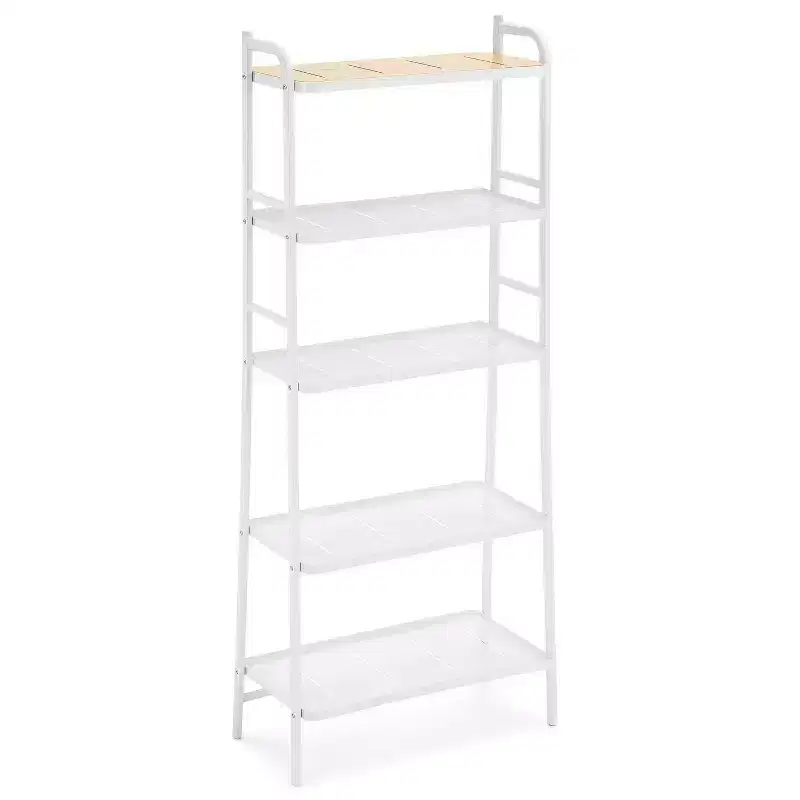 Home Zone Living 5-Tier Freestanding Storage Organizer with Bamboo Accent and Steel Frame, Vertical Space-Saving Shelf, White