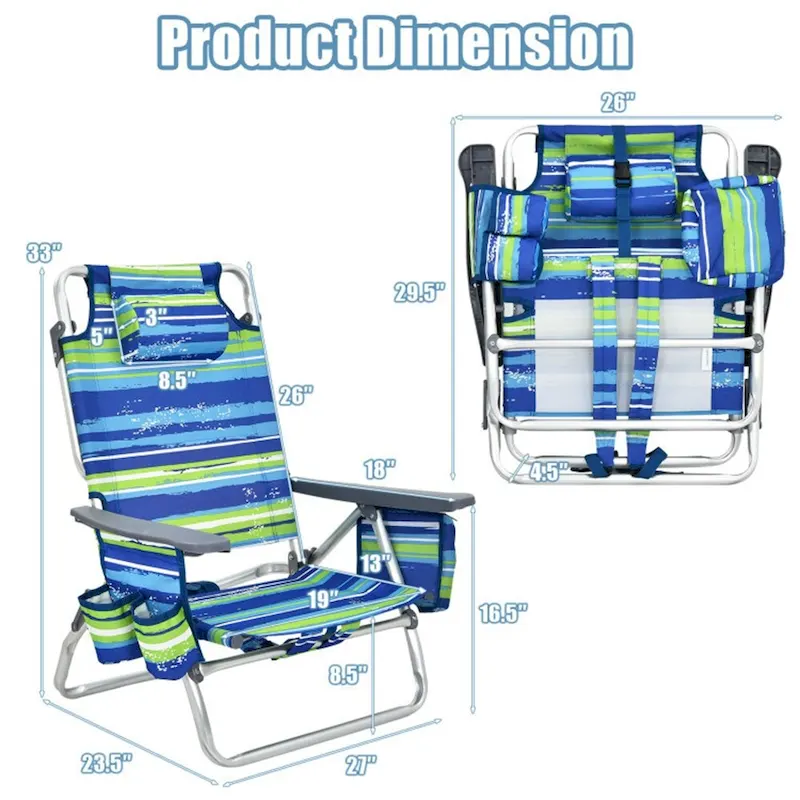 Adjustable Backrest Folding Beach Chair with Pillow