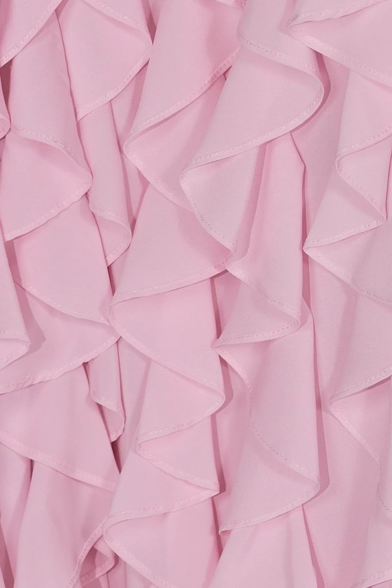 Pink Sheath Strapless Chiffon Long Prom Dresses With Ruffles