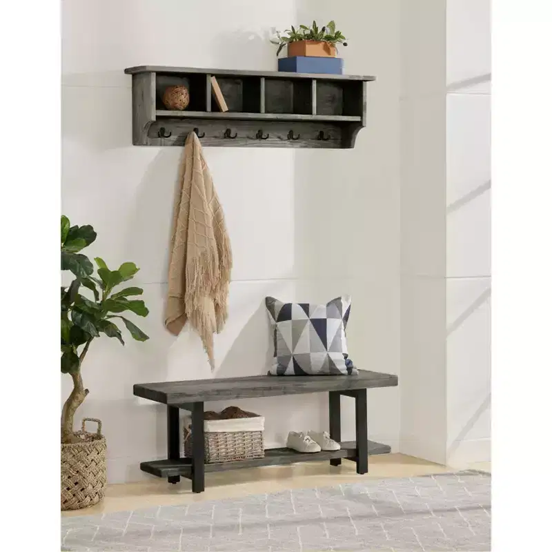 48" Pomona Metal and Wood Wall Coat Hook with Bench Slate Gray - Alaterre Furniture: Entryway Hall Tree Storage