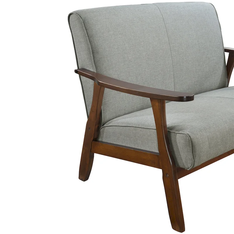 Mid-Century Modern Loveseat 2-Seater Sofa with Wooden Arms - Light Gray Linen Upholstery 46.69