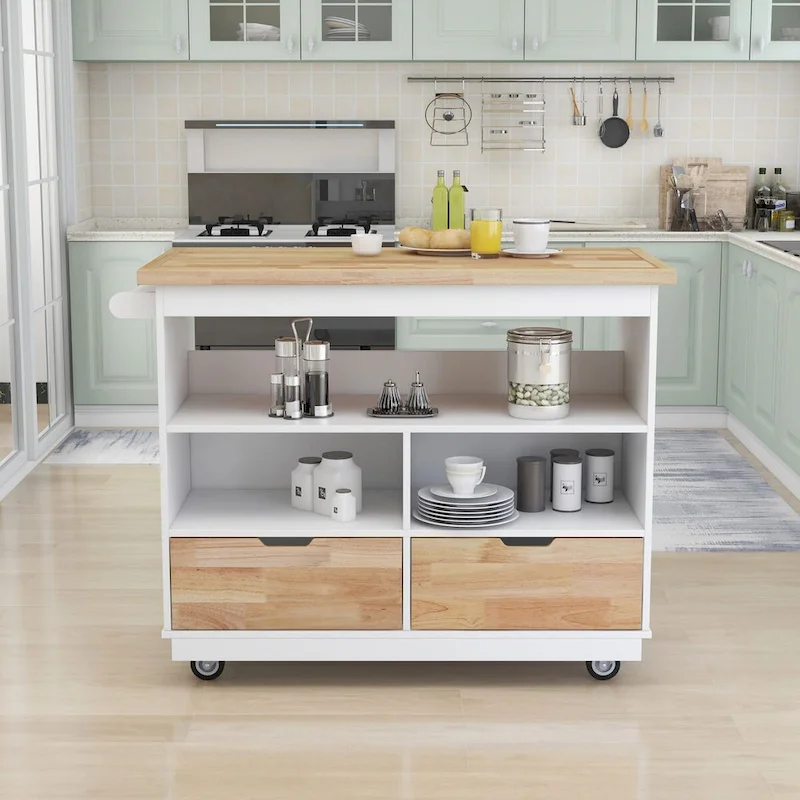 Wood Rolling Kitchen Island with 2 Drawers and 3 Open Compartments