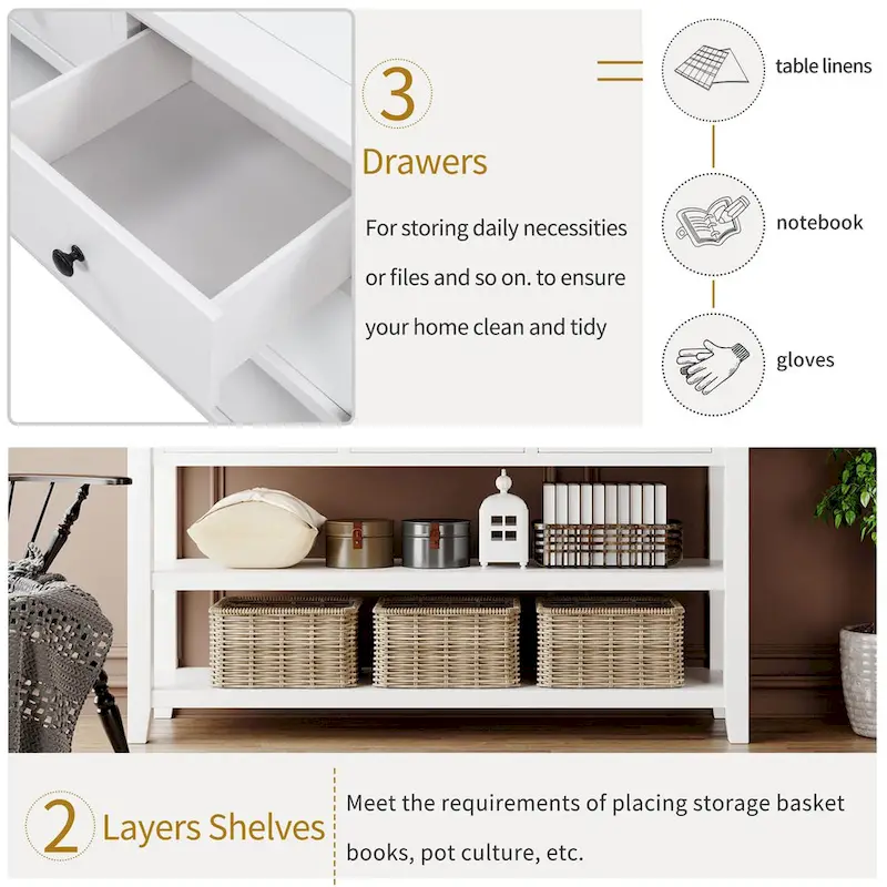 Pine Solid Wood Console Table with Two Open Shelves