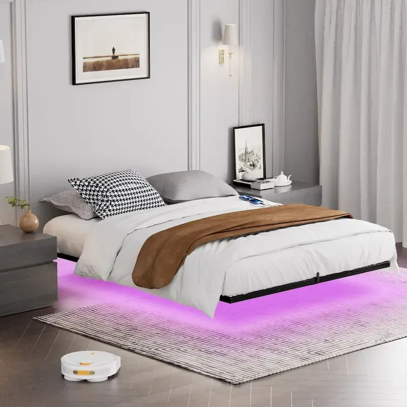 Modern Floating Bed with LED Lights, Charging Station & Metal Frame