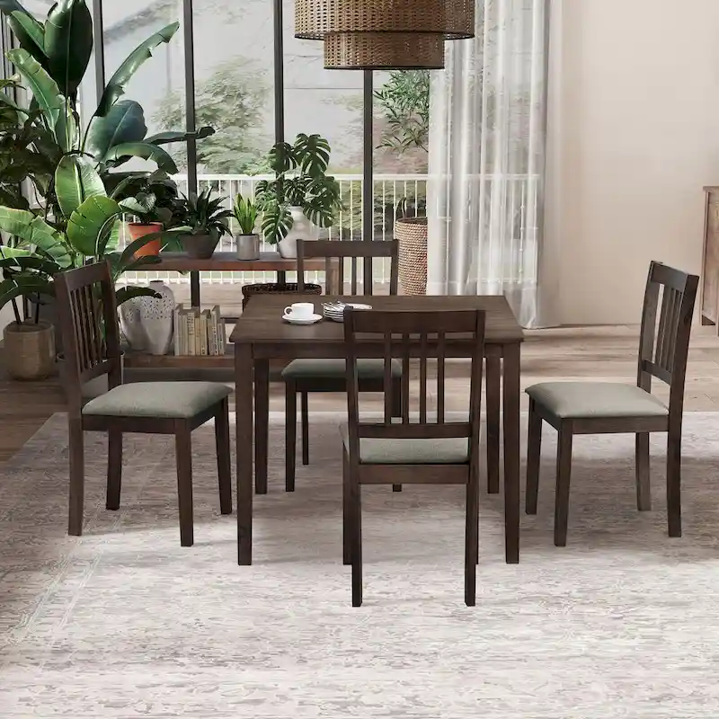 Kitchen Breakfast Nook Dining Table Chairs Set Square Wooden Dining Table Casual Dining Table with 4 Upholstered Dining Chairs