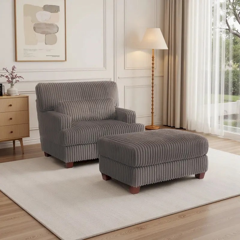 Dark Camel / Dark Gray / Beige / Gray Flannel Accent Chair with Ottoman – 1-Seat