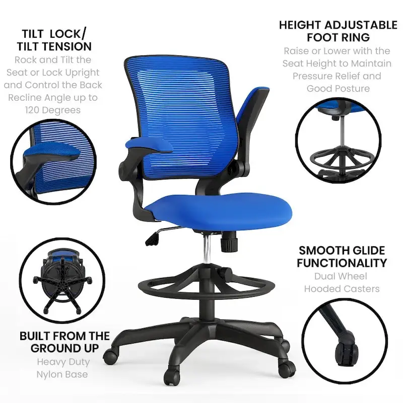 Mid-Back Mesh Ergonomic Drafting Chair with Foot Ring and Flip-Up Arms