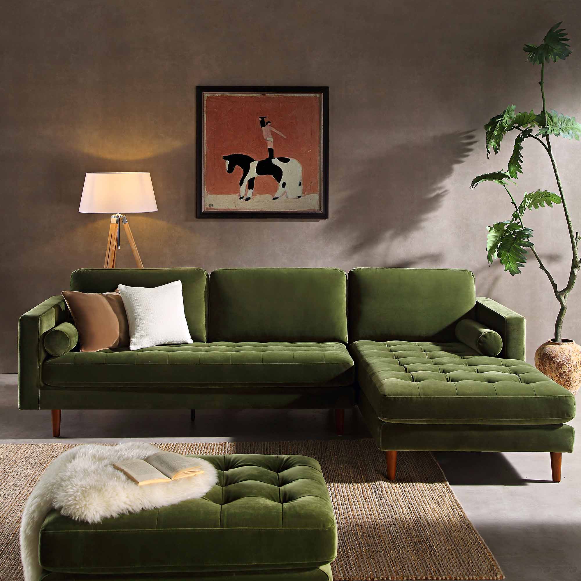 Moss Green Velvet Grand 4-Seater Chaise End Sofa, Right Hand Facing