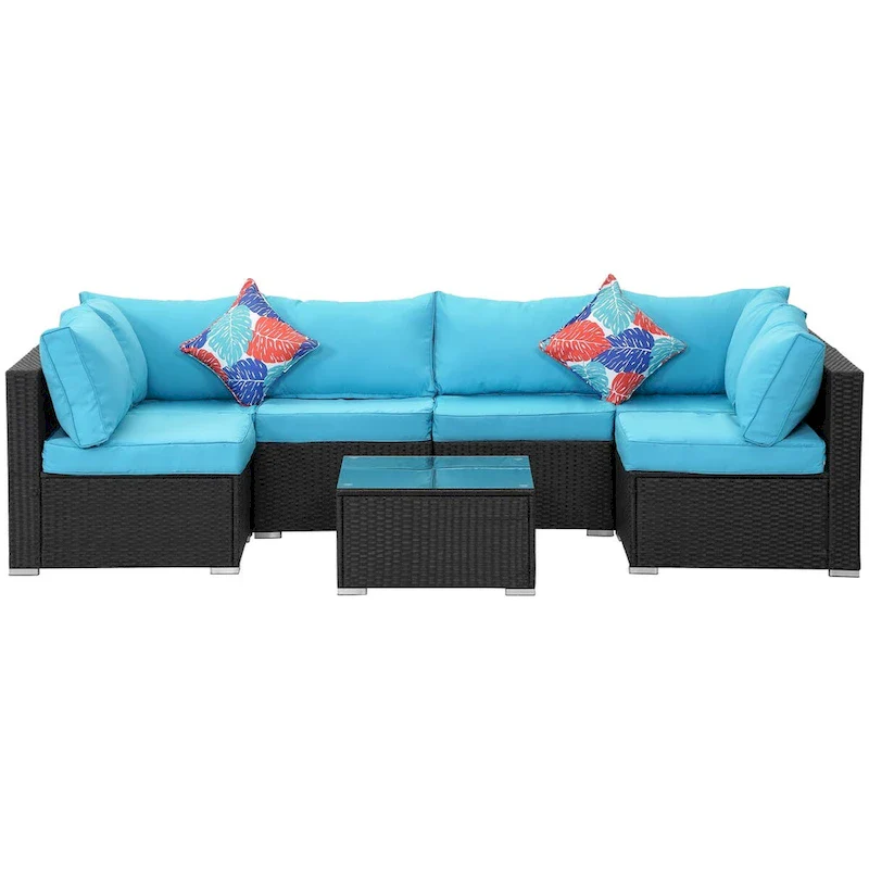 7-Piece Wicker Patio Sectional Conversation Seating Set with Blue Cushions - 85*78
