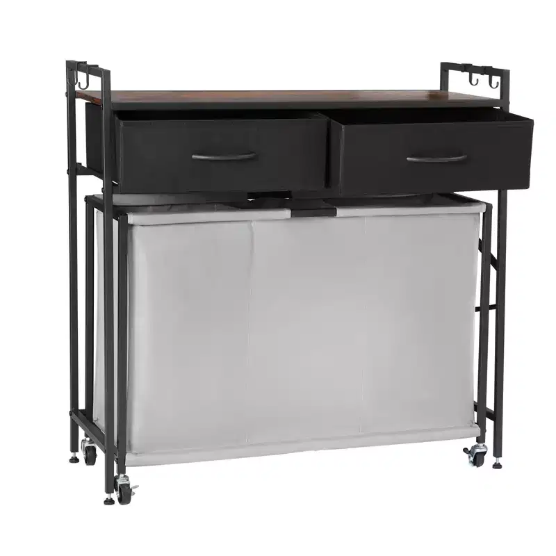 VEVOR 3 Section Laundry Sorter, Rolling Laundry Hamper with 2 Drawers, Hooks & Wheels, Rolling Basket Organizer Storage, Black+Gray