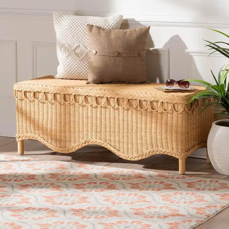Erla Bohemian Light Honey Rattan Accent Bench with Scallop border