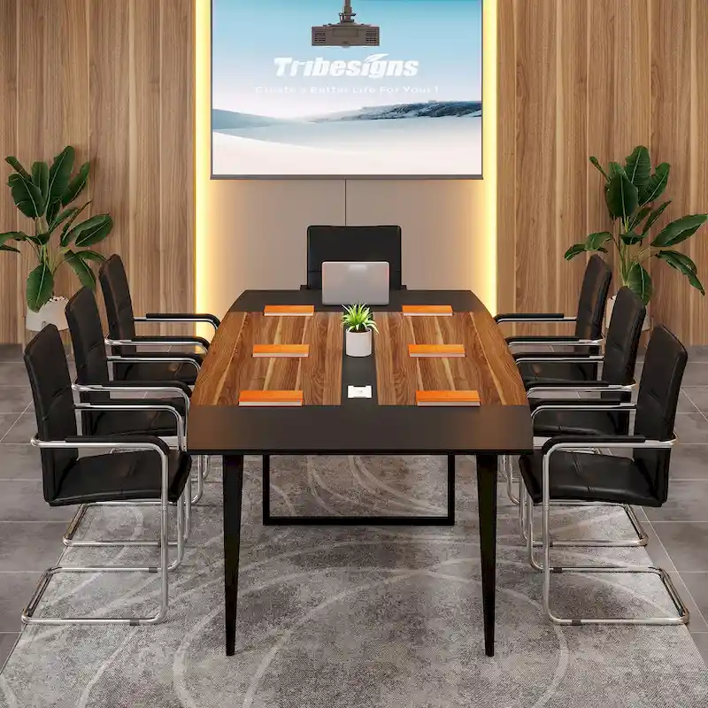 8FT Conference Table,Boat Shaped Meeting Table with Rectangle Grommet