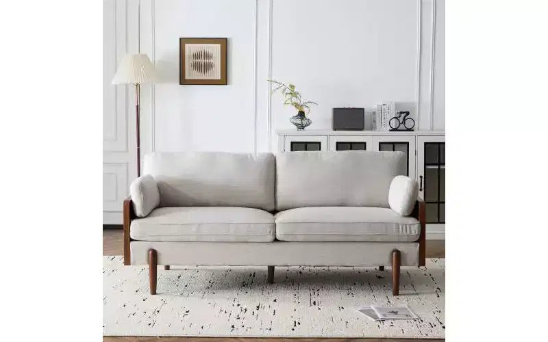Christopher Knight Home Ella Modern Upholstered 71.75" Wood Frame 3 Seater Sofa with Accent Pillows Beige