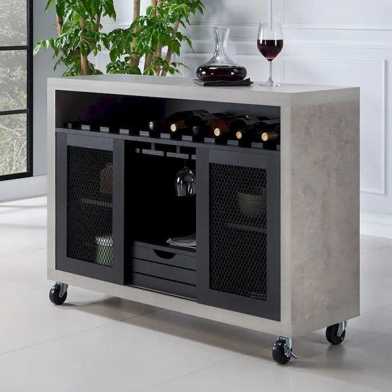 Furniture of America Sene Contemporary Rolling Buffet – 4 Shelves, Wine Rack & Stemware Rack, Black or Walnut