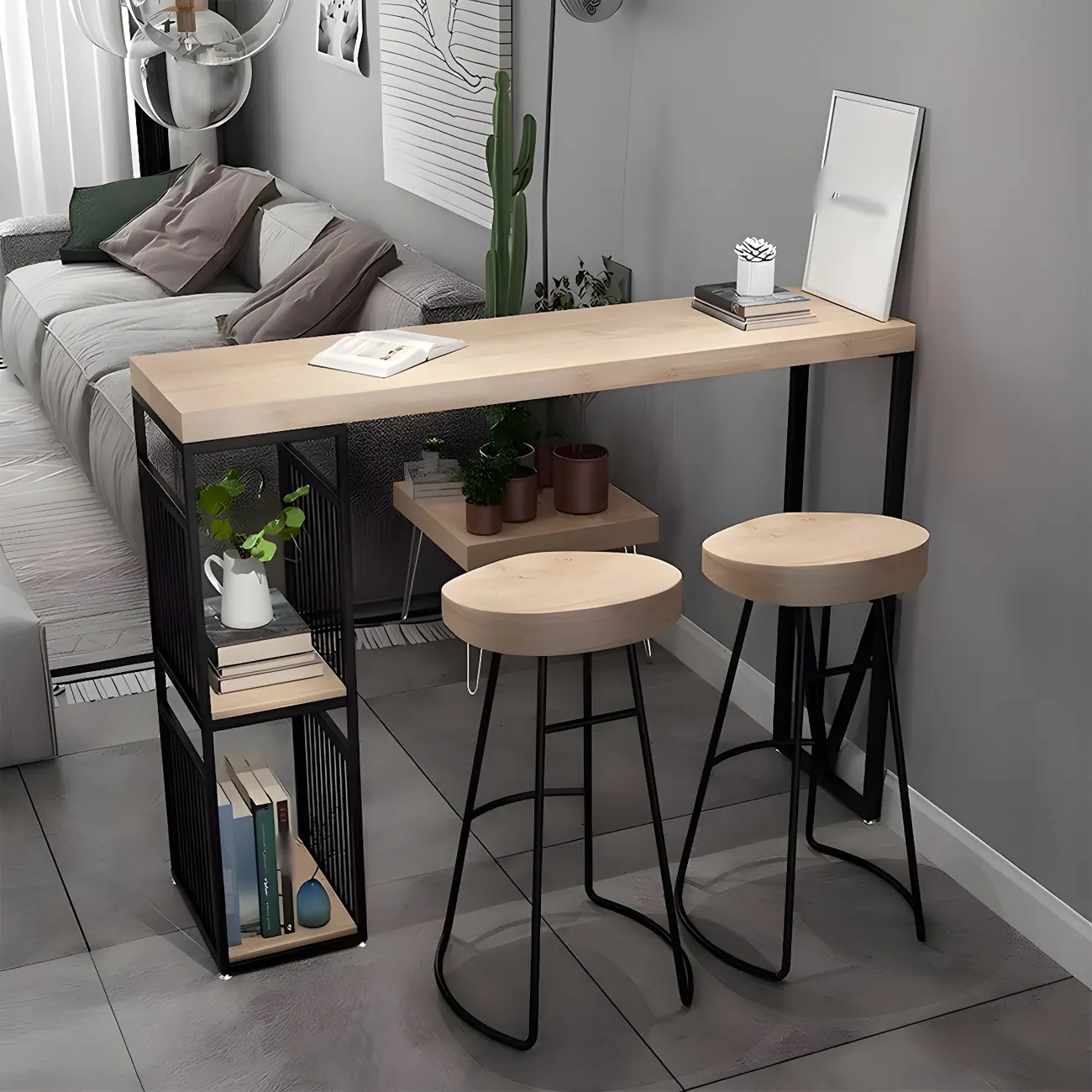 Modern Natural Wooden Metal Storage Bar Tables