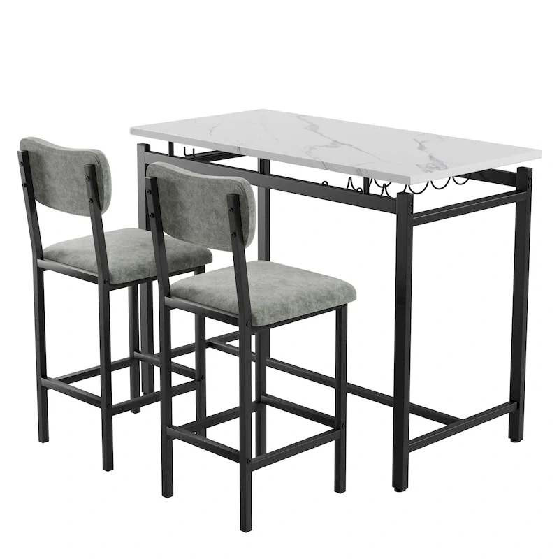 White Marble-Top Bar Table Set with 2 Stools, 2-Person