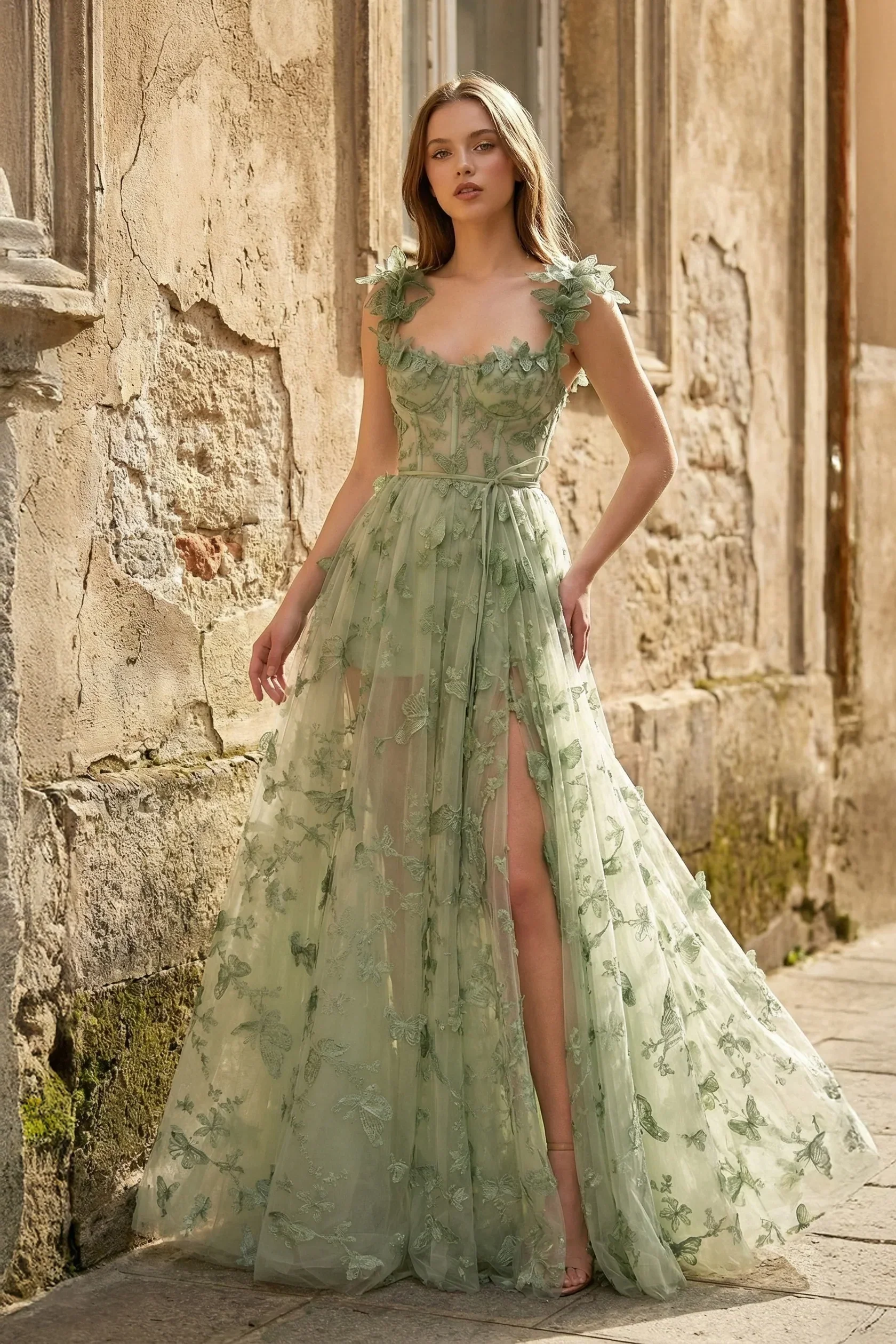 A-line Butterfly Lace Lilac Corset Prom Dress with Slit