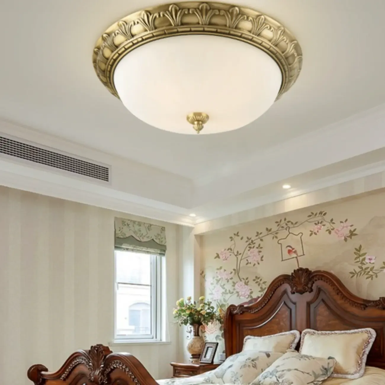 Victorian White Glass Brass Dome Flush Mount Light