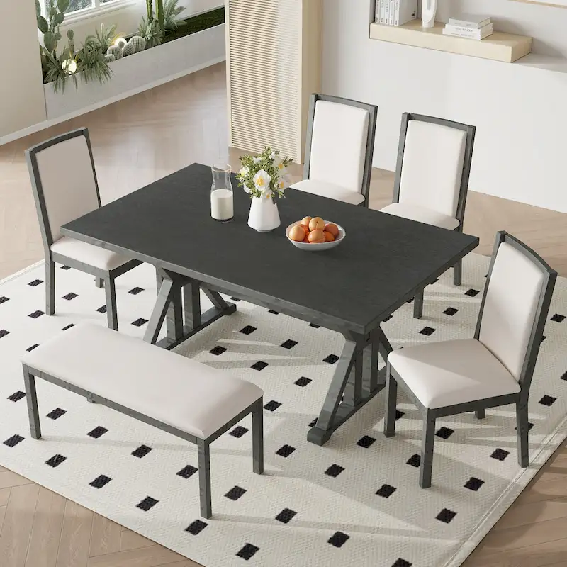 Farmhouse Style 6-Piece Dining Table Set with 4 Upholstered Dining Chairs and Bench