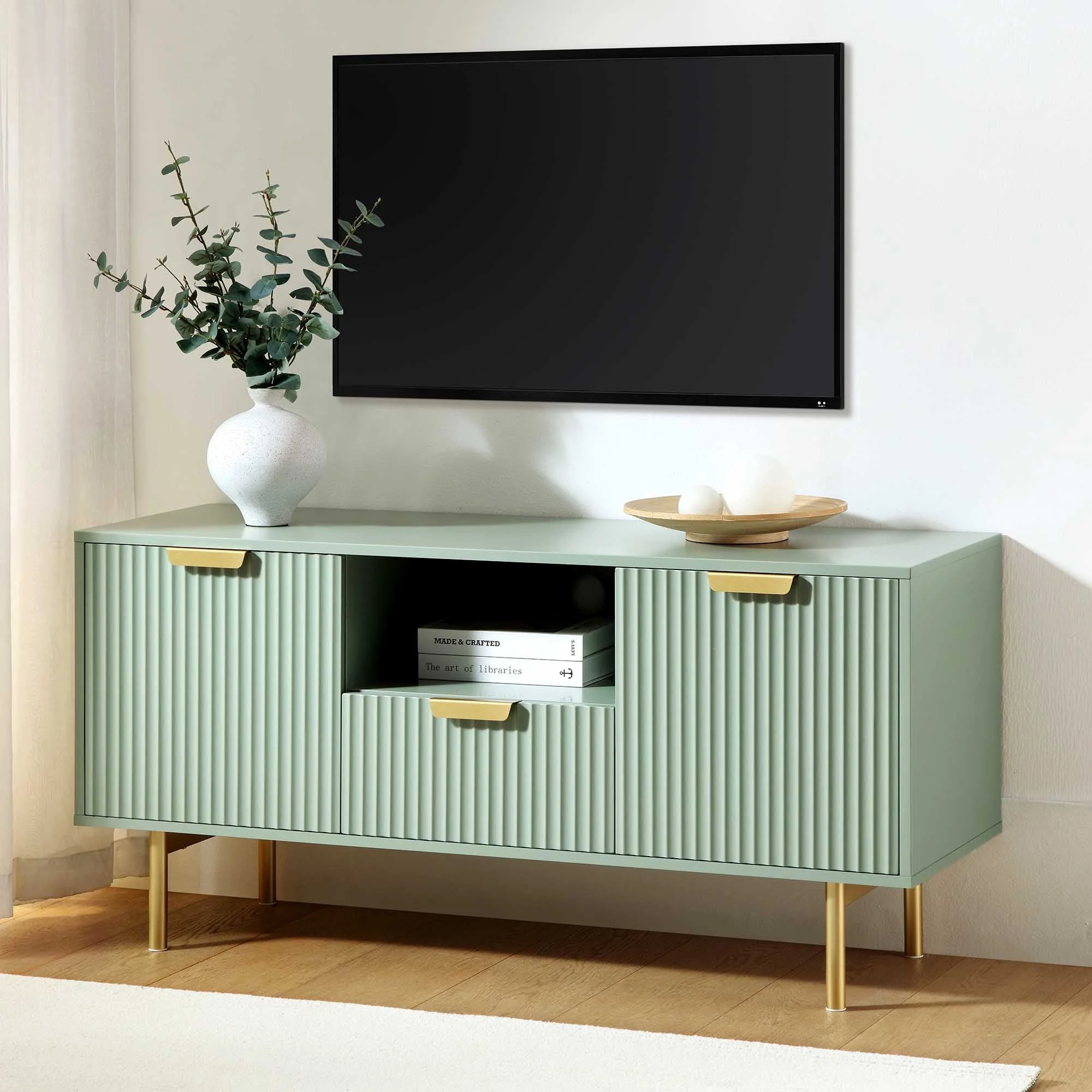 Ridged TV Media Unit, Matte Sage Green