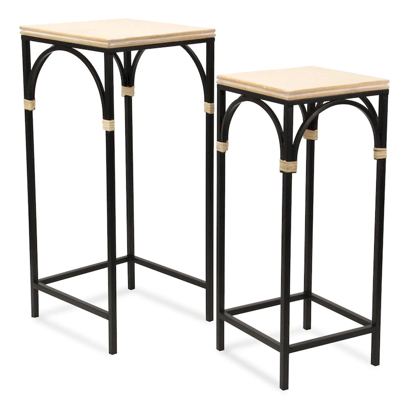 Claudette Set of 2 Rattan Accented Wood & Metal Square Side Tables