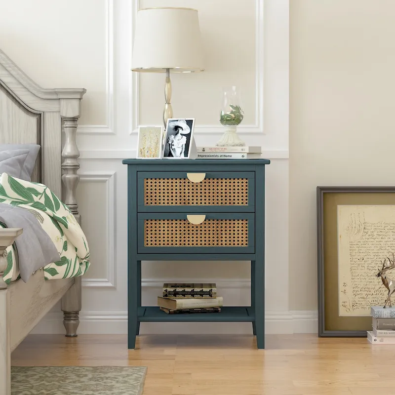2 Drawer Side table,Naturel Rattan,End table,Suitable for bedroom, living room, study