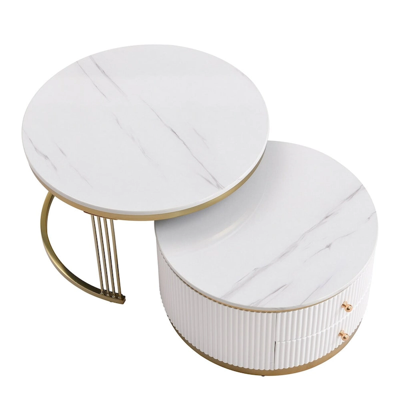 2 Pieces White Round Nesting Coffee Table with Drawers