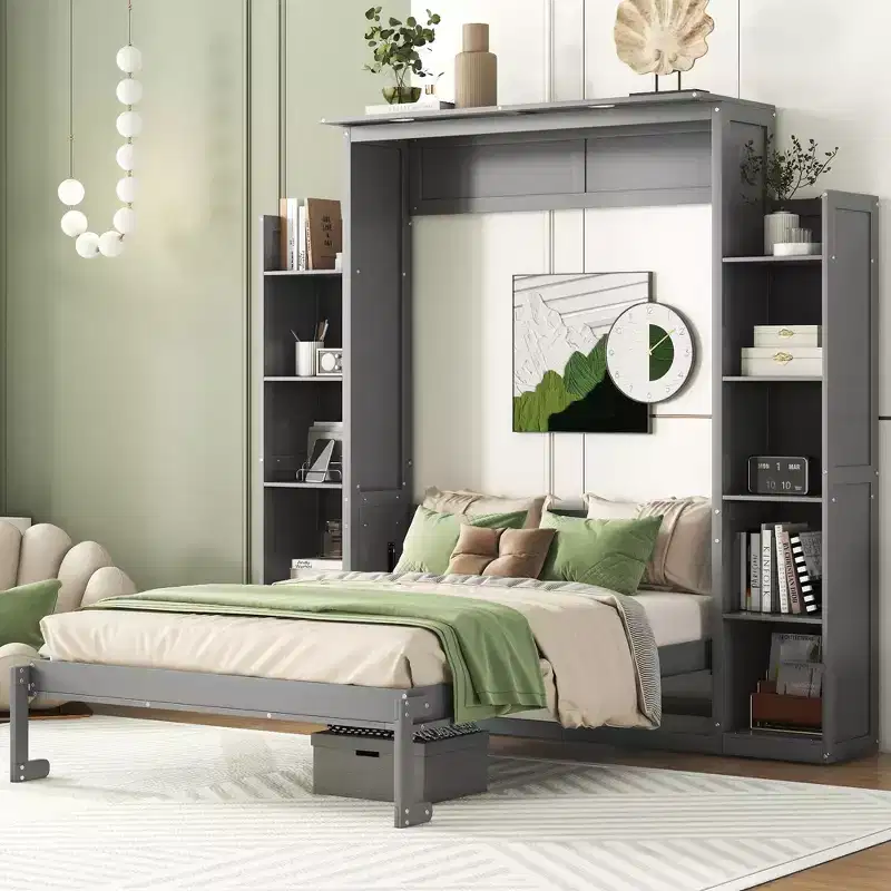 Full/Queen Size Murphy Bed/Wall Bed with Shelves and LED Lights 4A - ModernLuxe