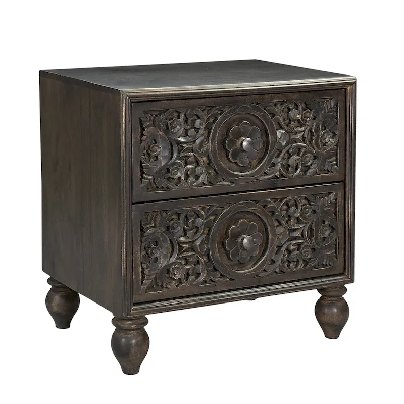 Brown / Dark Brown Mango Wood 2-Drawer Nightstand with Hand-Carved Drawer Fronts & Turned Legs – Bohemian Style