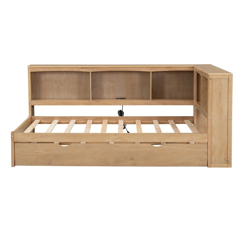 Twin Wooden Daybed with Trundle, Cabinets, and Charging Stations