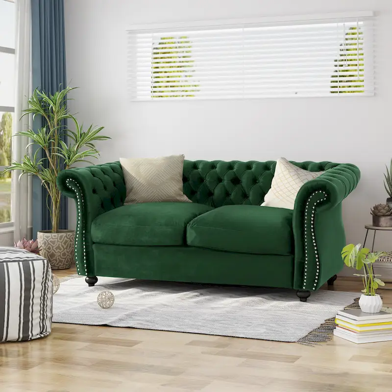 Chesterfield Nailhead Loveseat – Blackberry / Navy Blue / Emerald / Beige / Dark Gray – Fabric – 2-Seat