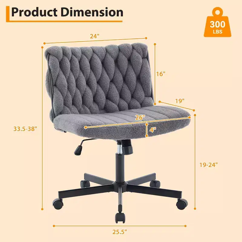 Wide Desk Chair, Criss Cross Chair with Rocking Function & Adjustable Height, Comfy Swivel Armless Chair