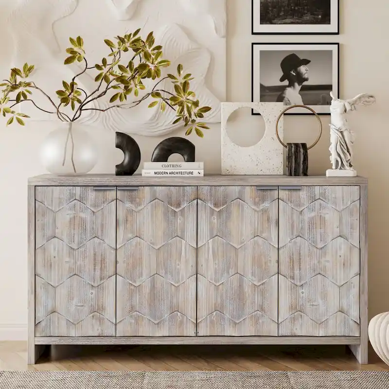 4-Door Wooden Sideboard Cabinet, Farmhouse Style, Natural Wood Wash / Antique Black, For 1 Space