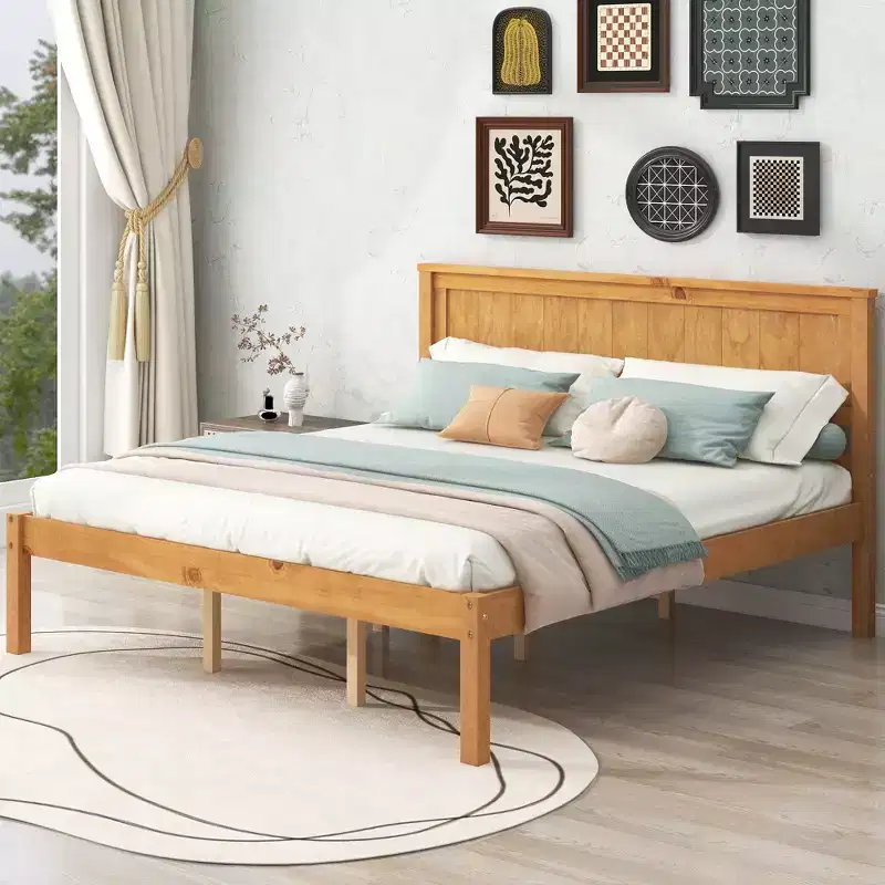 FAMYYT Queen Size Platform Bed With Headboard, Easy Assembly, Oak