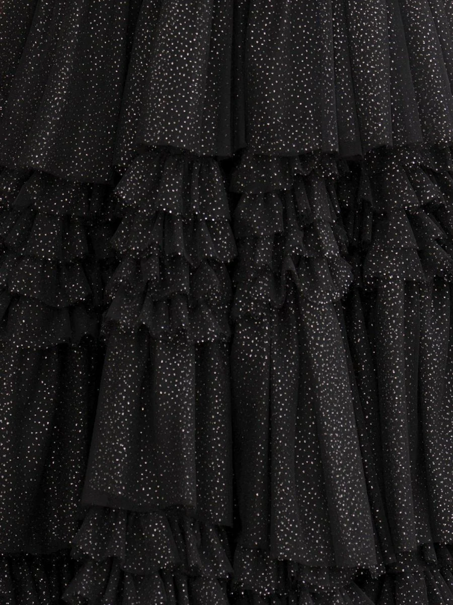 A-Line Deep V Neck Tiered Long Glitter Tulle Prom Dress