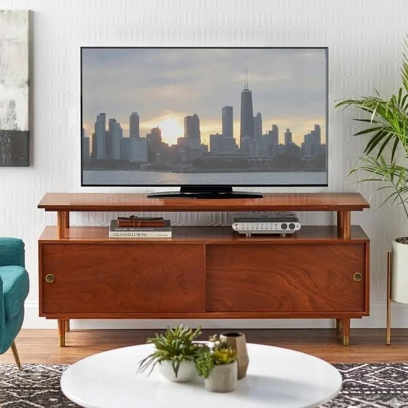 Antique Blue Mid-Century Modern TV Stand with Sliding Doors, 60