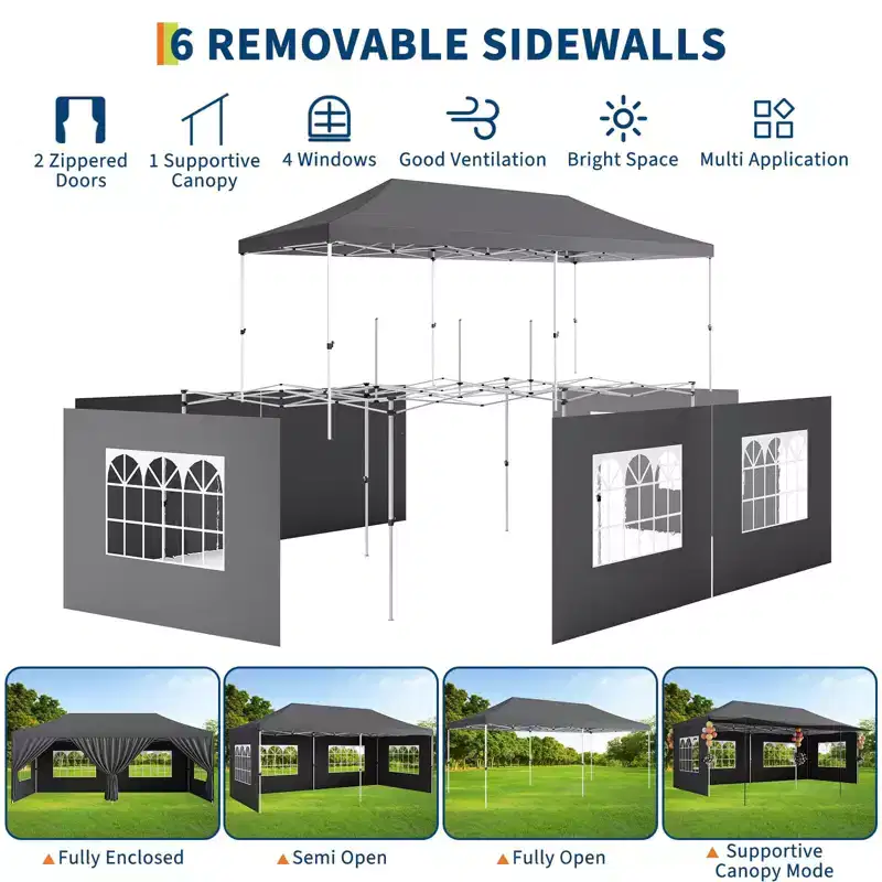 10x20 Heavy Duty Commercial Pop Up Canopy Tent with Roller Bag, 6 Removable Sidewalls, Upgraded Thickened Legs & 6 Sand Bags, Grey