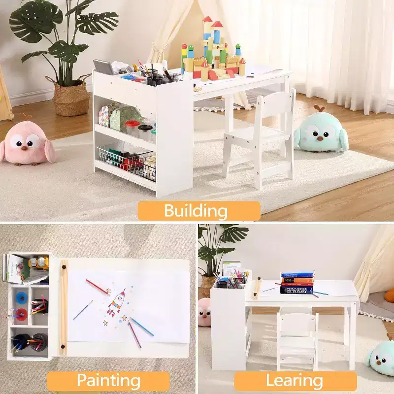 Kids Art Table with 2 Chairs, Toddler Craft Play Wood Activity Desk with Large Storage Shelves for Writing Drawing