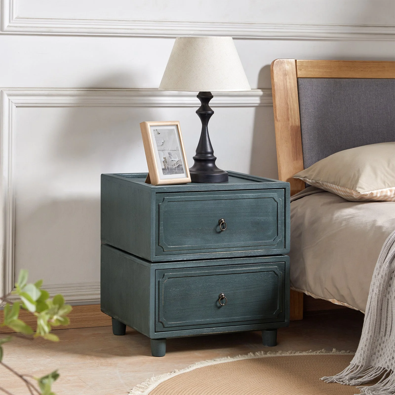 Modular Drawer Nightstand with Paulownia Wood Tracks & Antique Bronze Handles | Blue / Walnut / Black | 2 / 4 / 6 / 8 Drawers