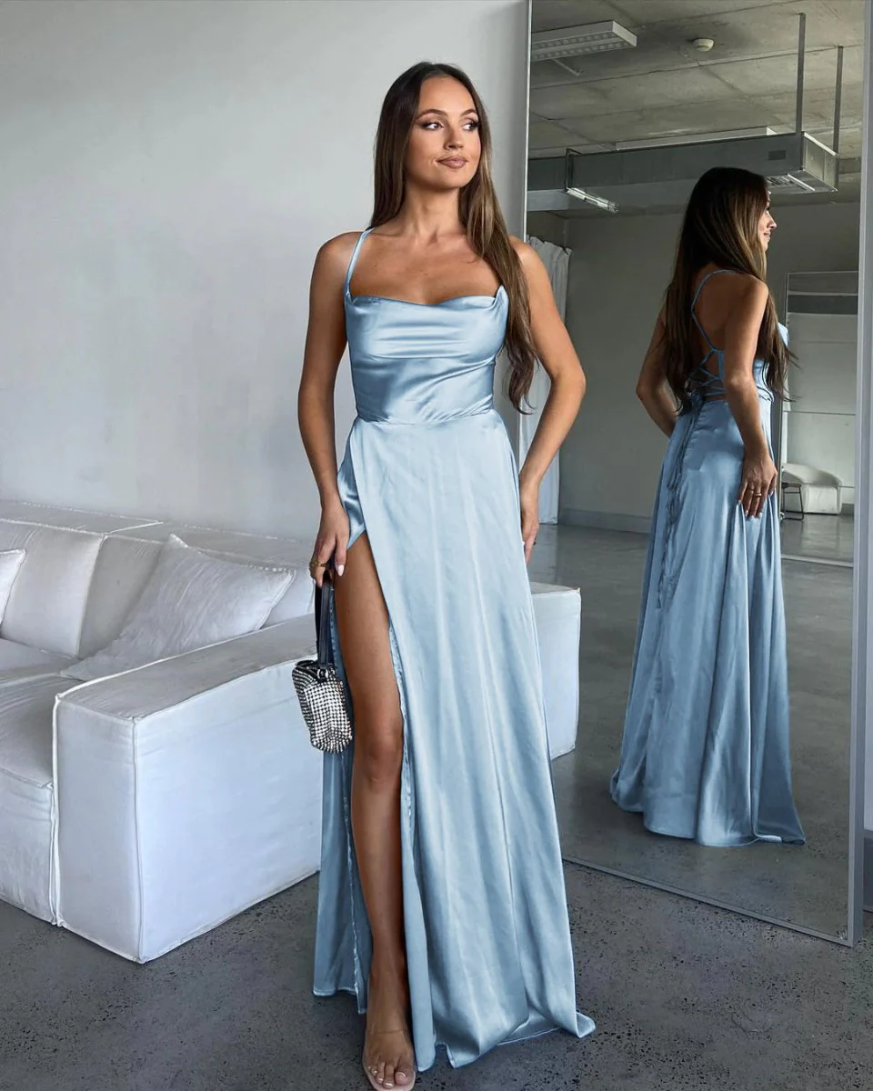 A Line Cowl Neck Blue Silk Satin Bridesmaid Dresses with Slit
