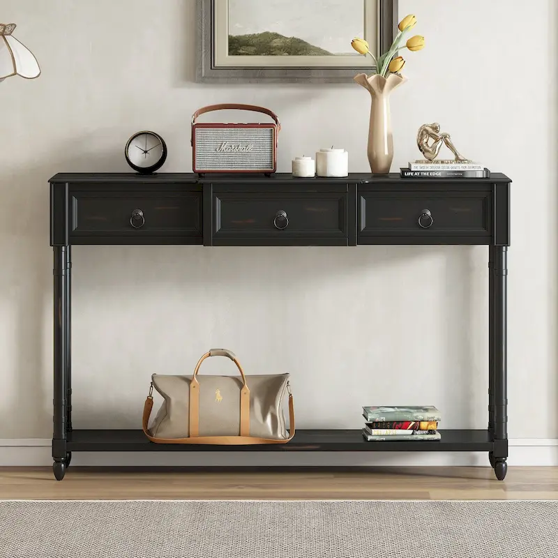 Espresso / Antique Navy / Beige / Antique White Console Table with 3 Drawers & Lower Shelf, 1-Person Assembly