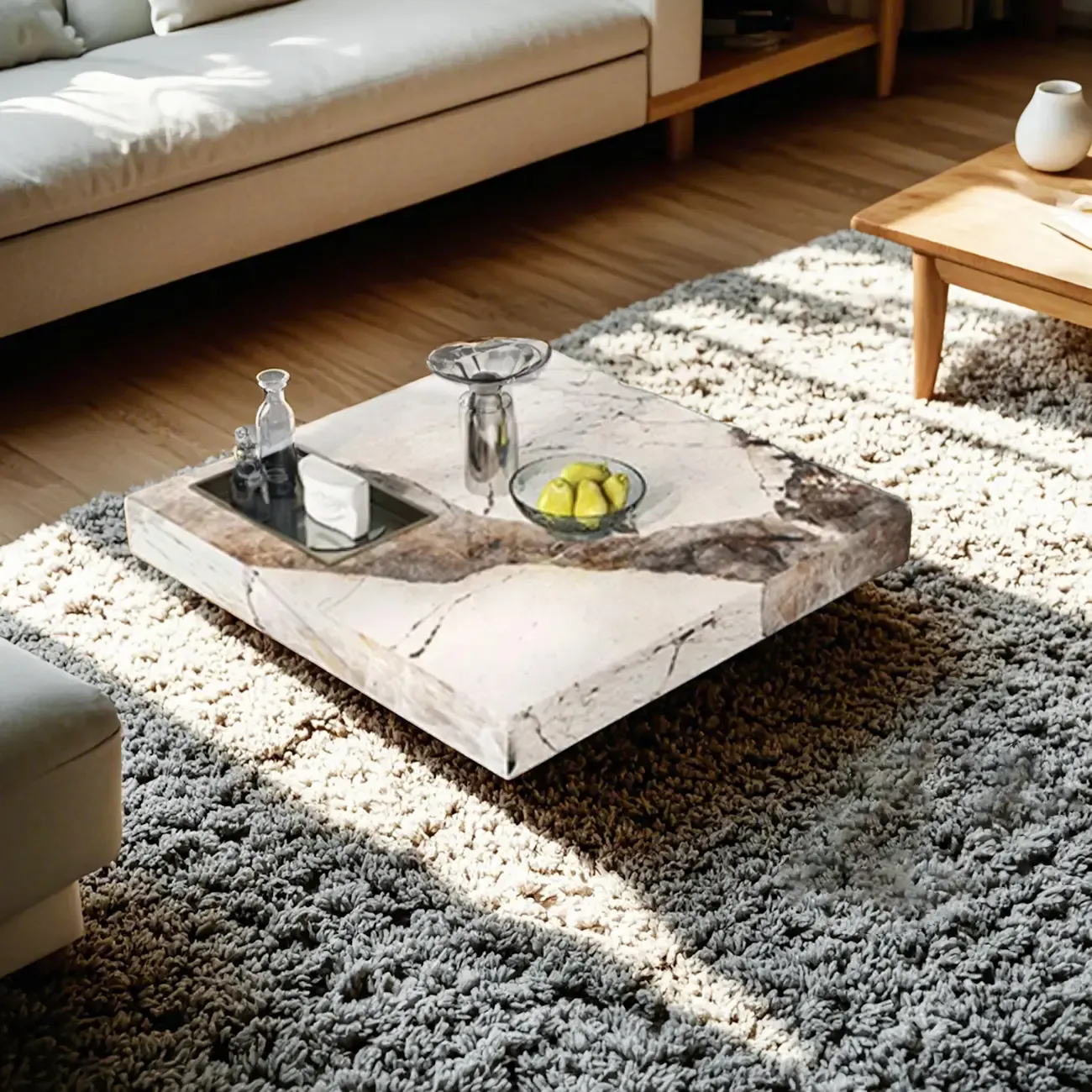 Modern Elegant White Square Coffee Table with Silver Base