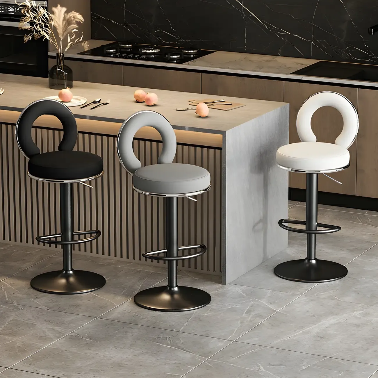 Glam Metal Round Adjustable Bar Stools with Cushions for Kitchen